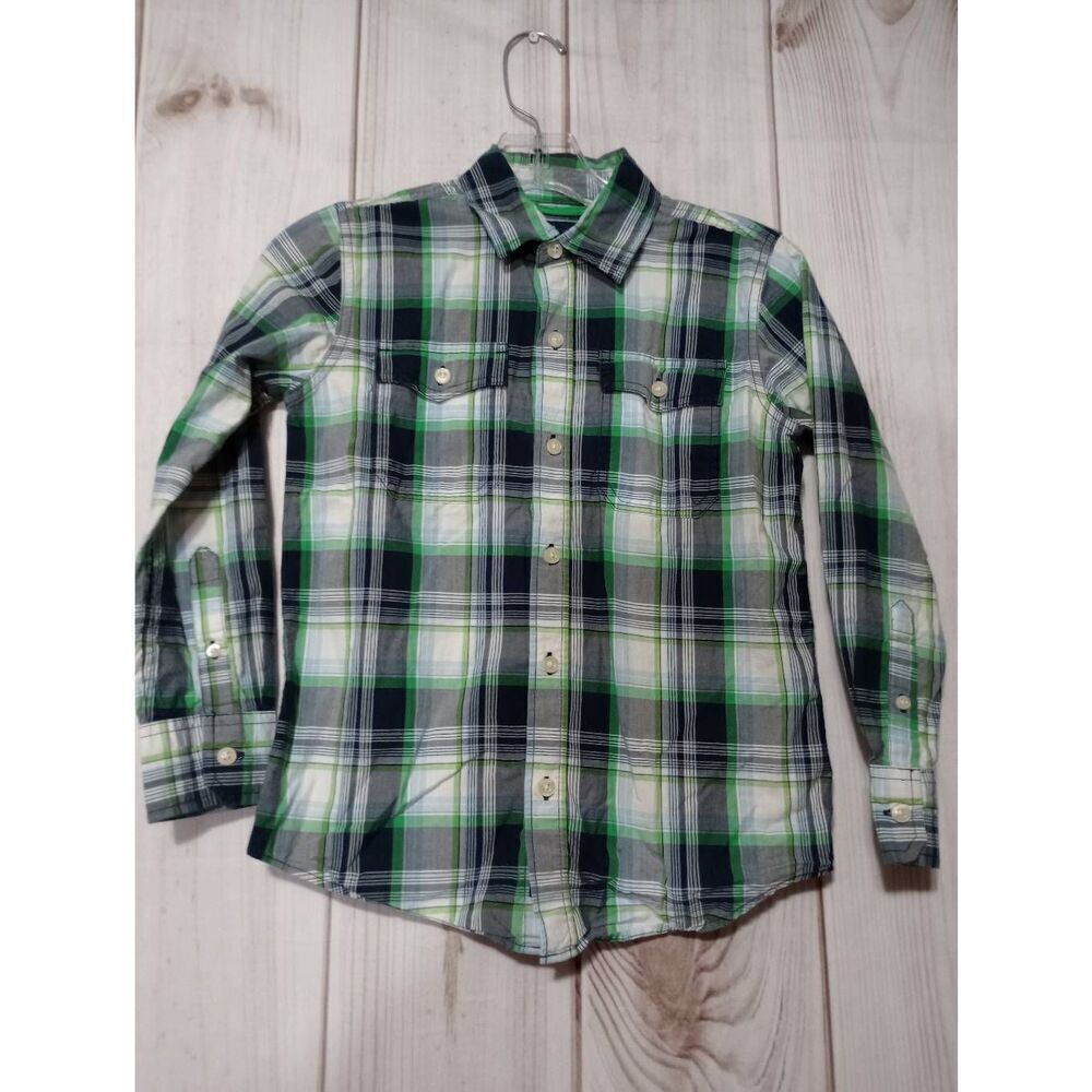 Gap Kids Boys Plaid Long Sleeve Button‎ Down Shirt Green Blue White Size M